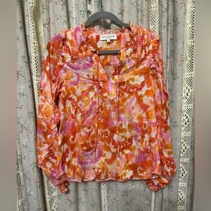 Hale Bob Los Angeles Cotton Floral Ruffle Smocked Sleeve Blouse Size Small